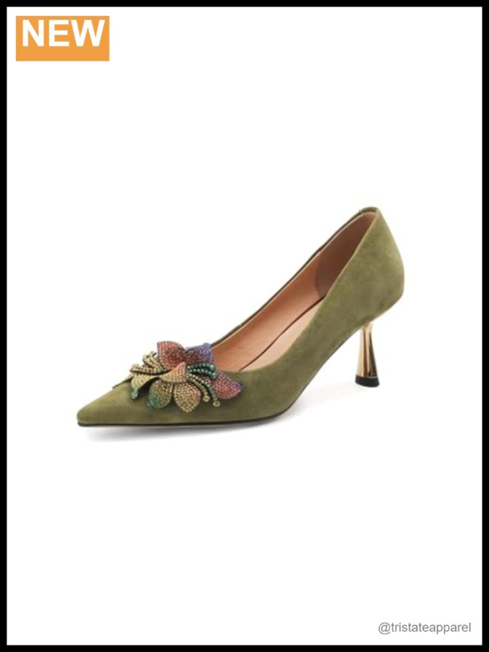 Handmade Suede Leather Pointed Toe Rhinestones Flower Stiletto Heel Pumps